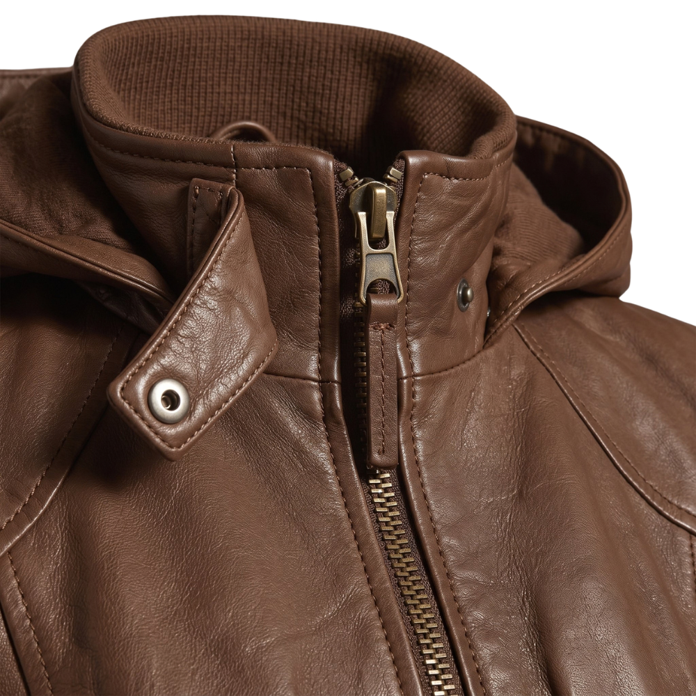 Women's Hooded Brown Leather Jacket - Image 2