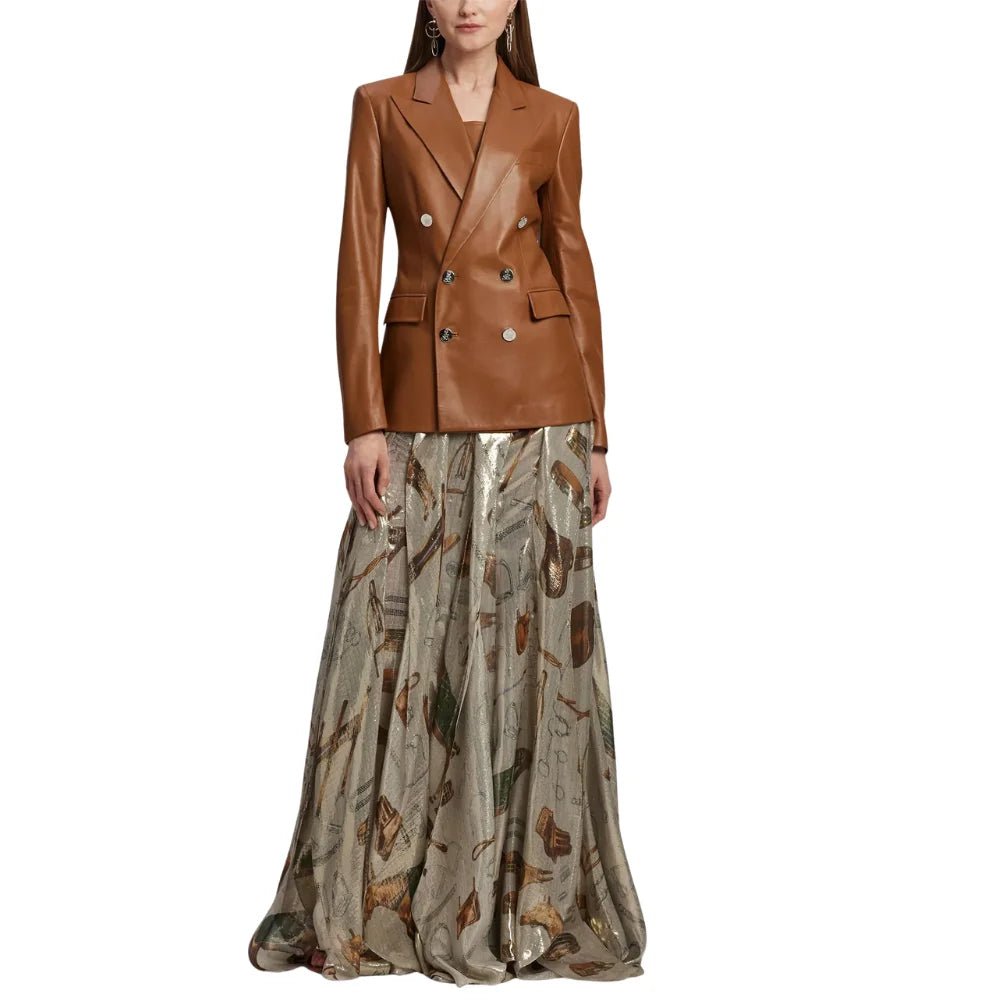 Women's Double Breasted Brown Leather Blazer - Image 6