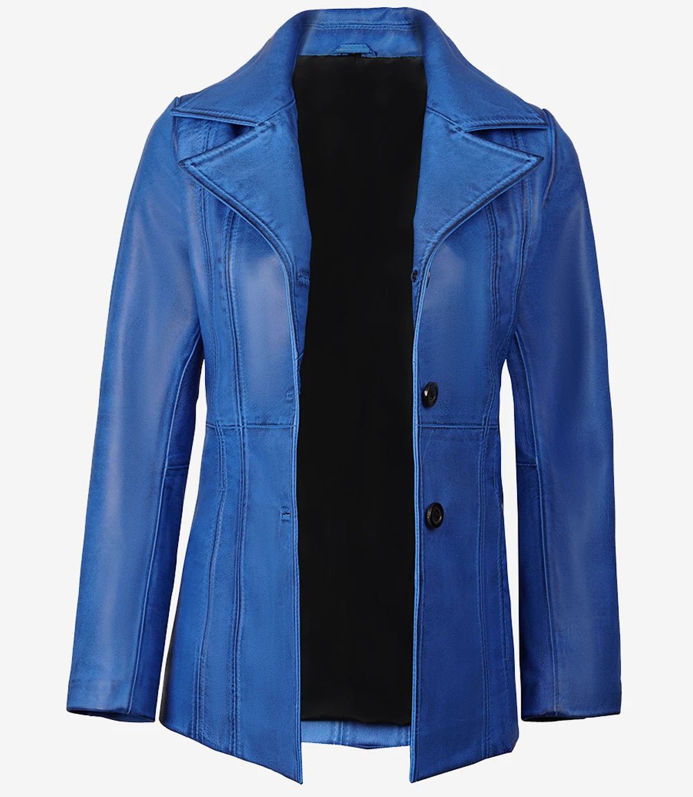 Katie Women's Blue 3/4 Length Leather Car Coat - Image 3