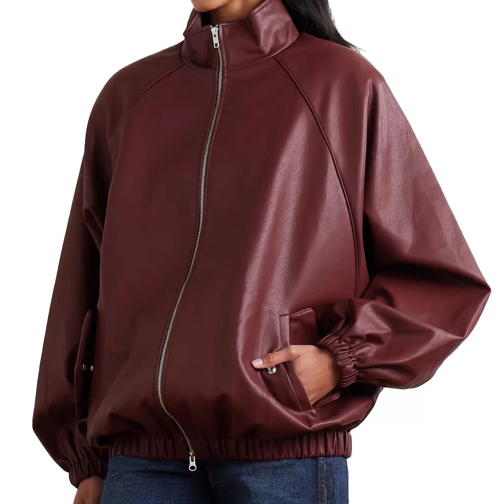 Women's Maroon Leather Bomber Jacket - Image 3