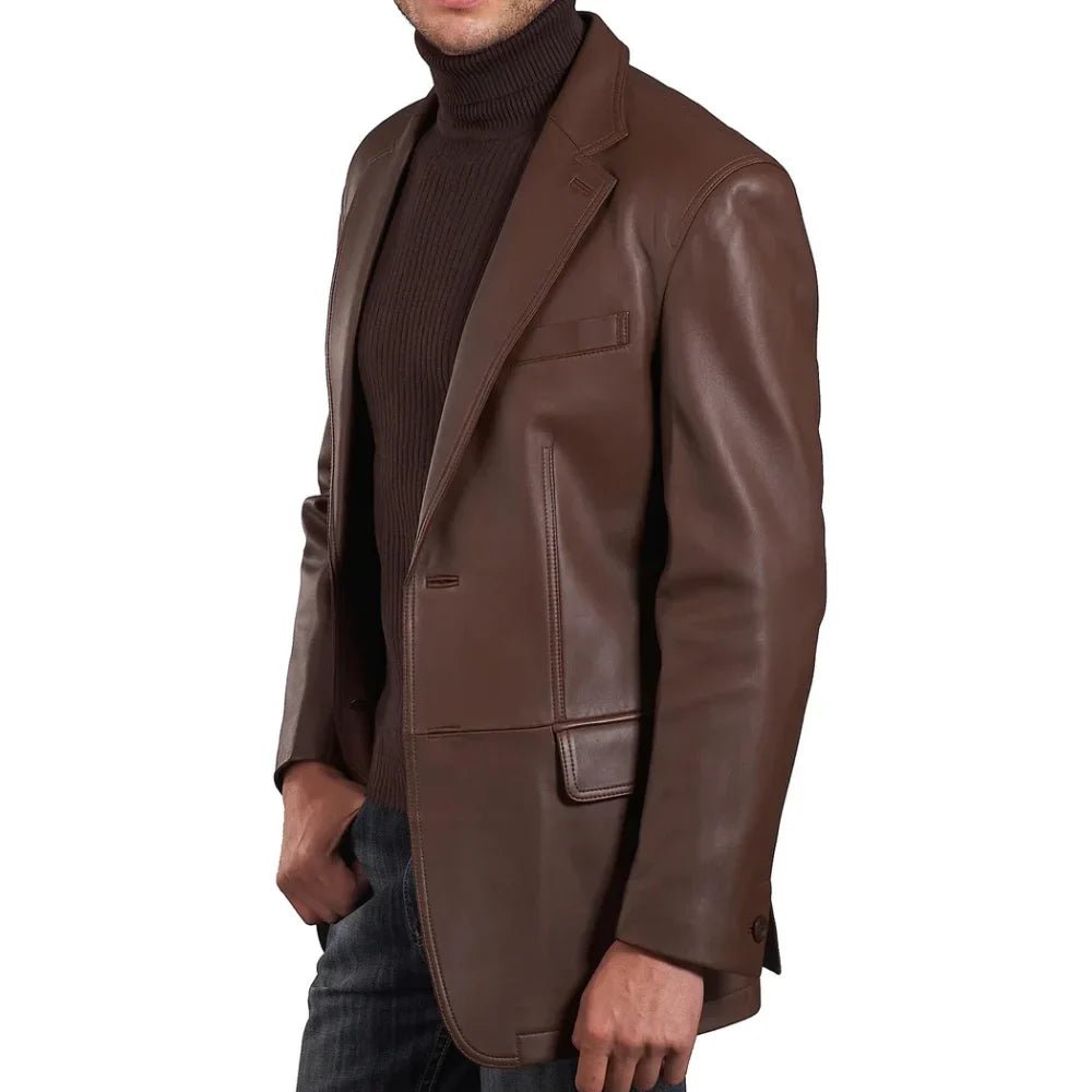 Mens Two Button Notch Lapel Chocolate Brown Leather Blazer - Image 5
