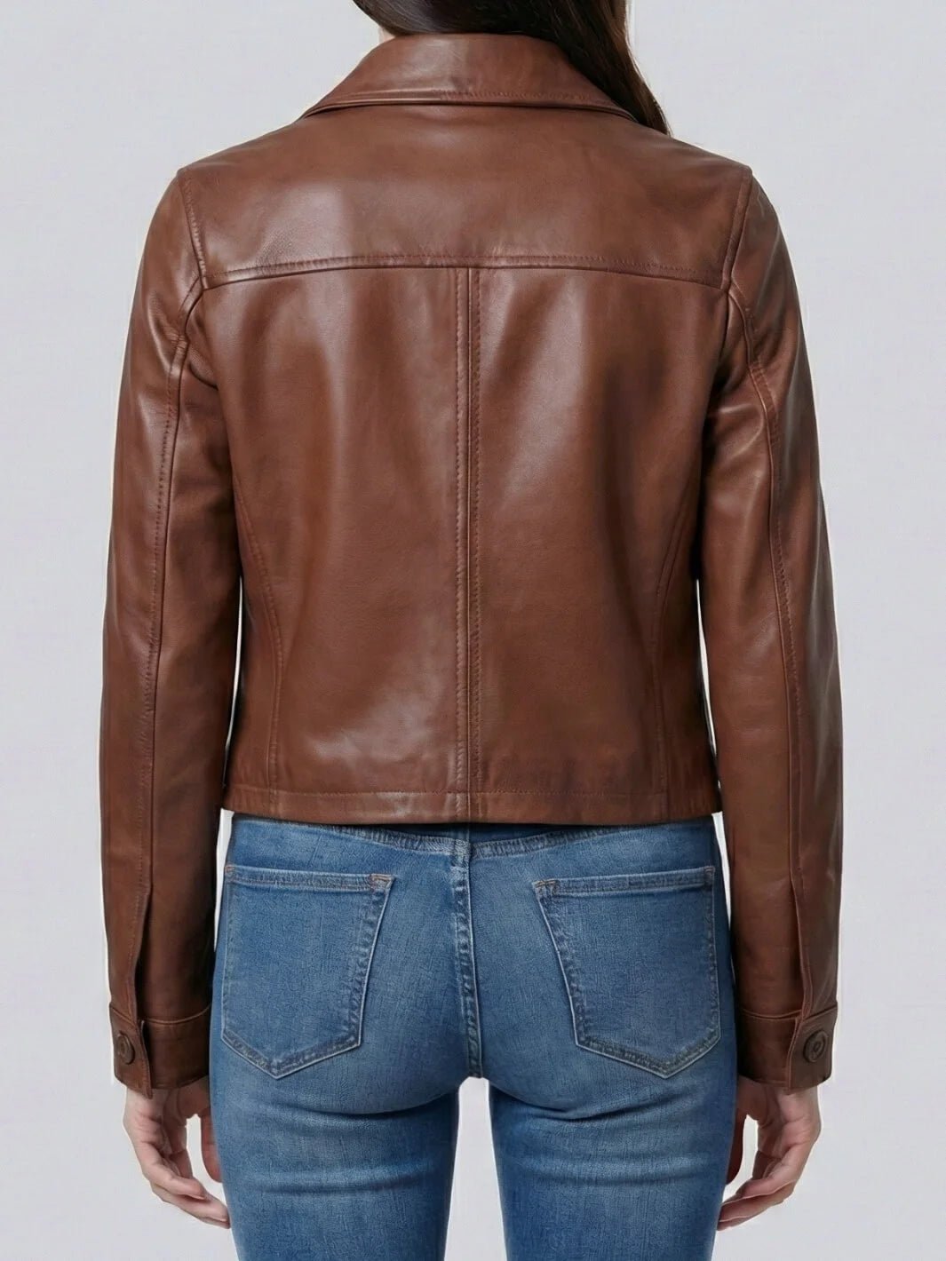 Women's Cognac Brown Cropped Leather Harrington Jacket - Image 2