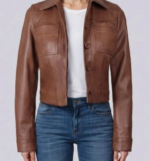MableWomensCognacBrownCroppedShirtCollarLeatherJacket-front