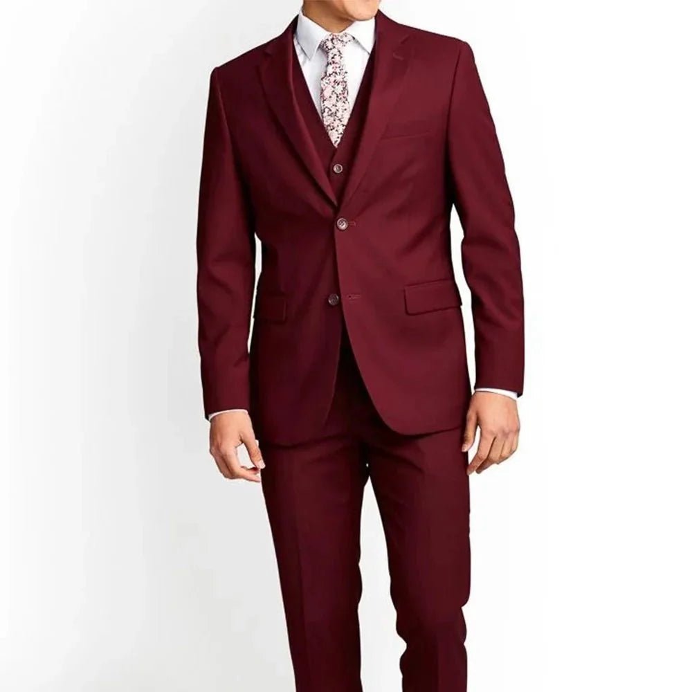 Berlin Mens Notch Lapel 3 Piece Maroon Suit