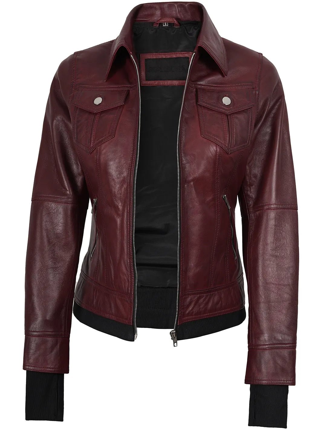 Women's Burgundy Hooded Leather Bomber Jacket - Image 5