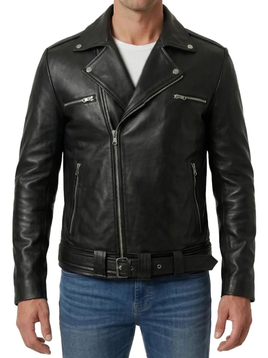 Men's Black Asymmetrical Leather Belted Jacket