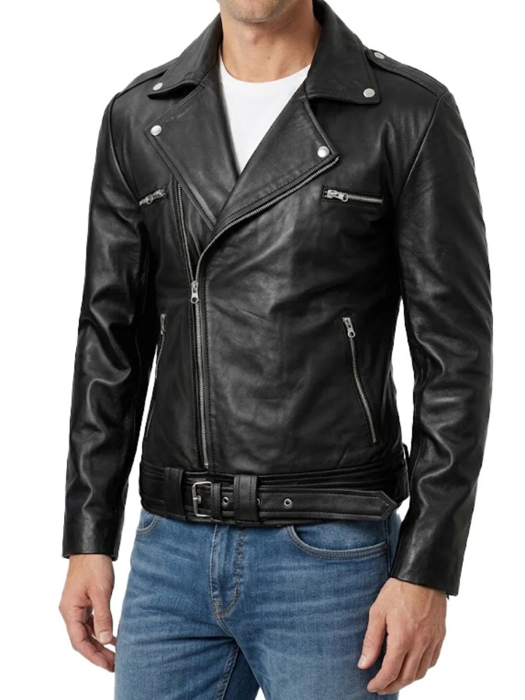 Men's Black Asymmetrical Leather Belted Jacket - Image 2