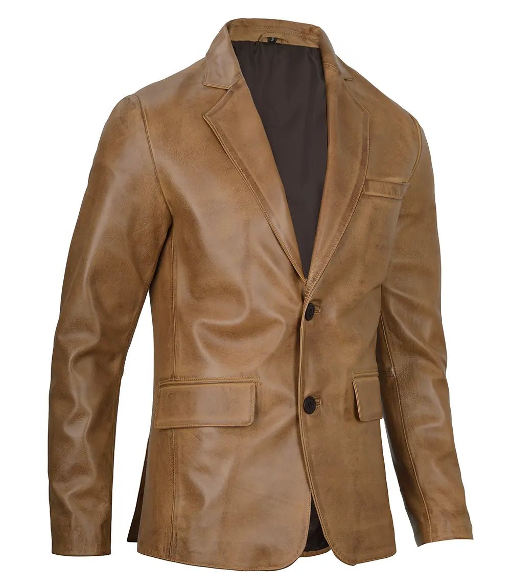 Men's Camel Brown Two-Button Leather Blazer - Image 4