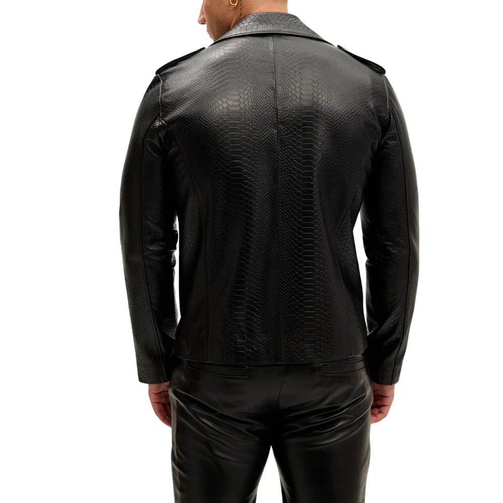 Men's Black Snakeskin Embossed Biker Jacket - Image 7