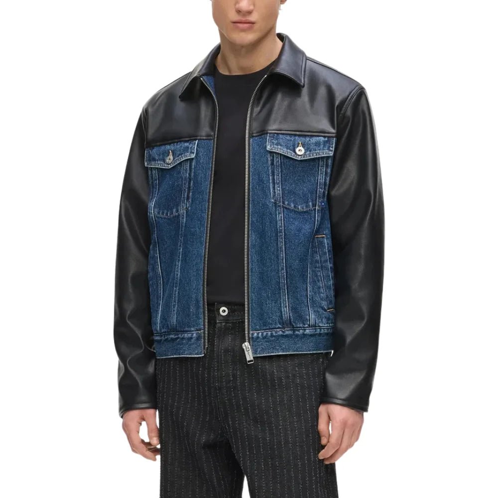 Men's Black Leather Blue Denim Trucker Jacket