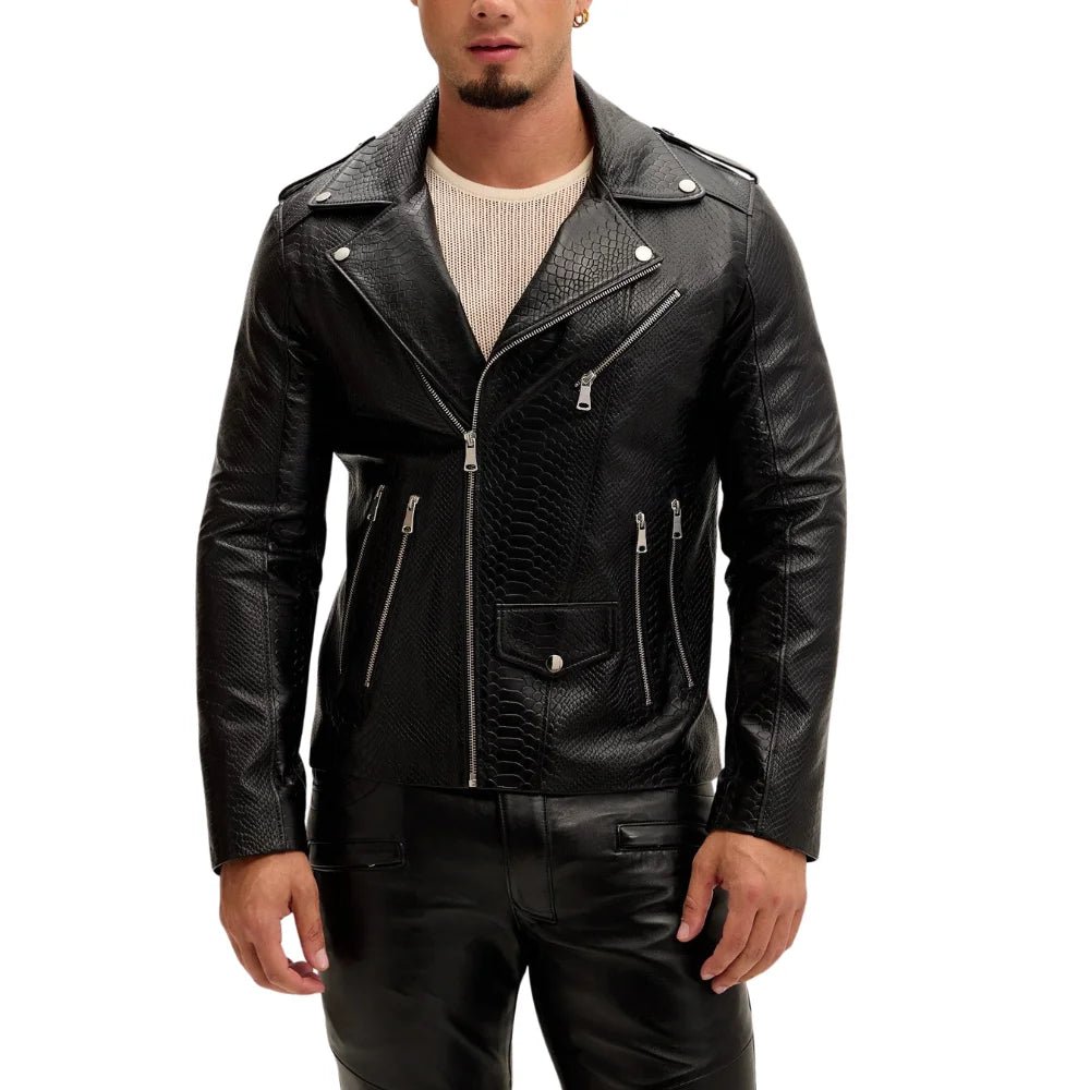 Men's Black Snakeskin Embossed Biker Jacket