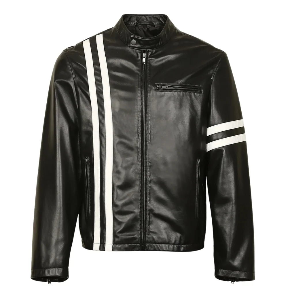 Men's Black Striped Leather Cafe Racer Jacket