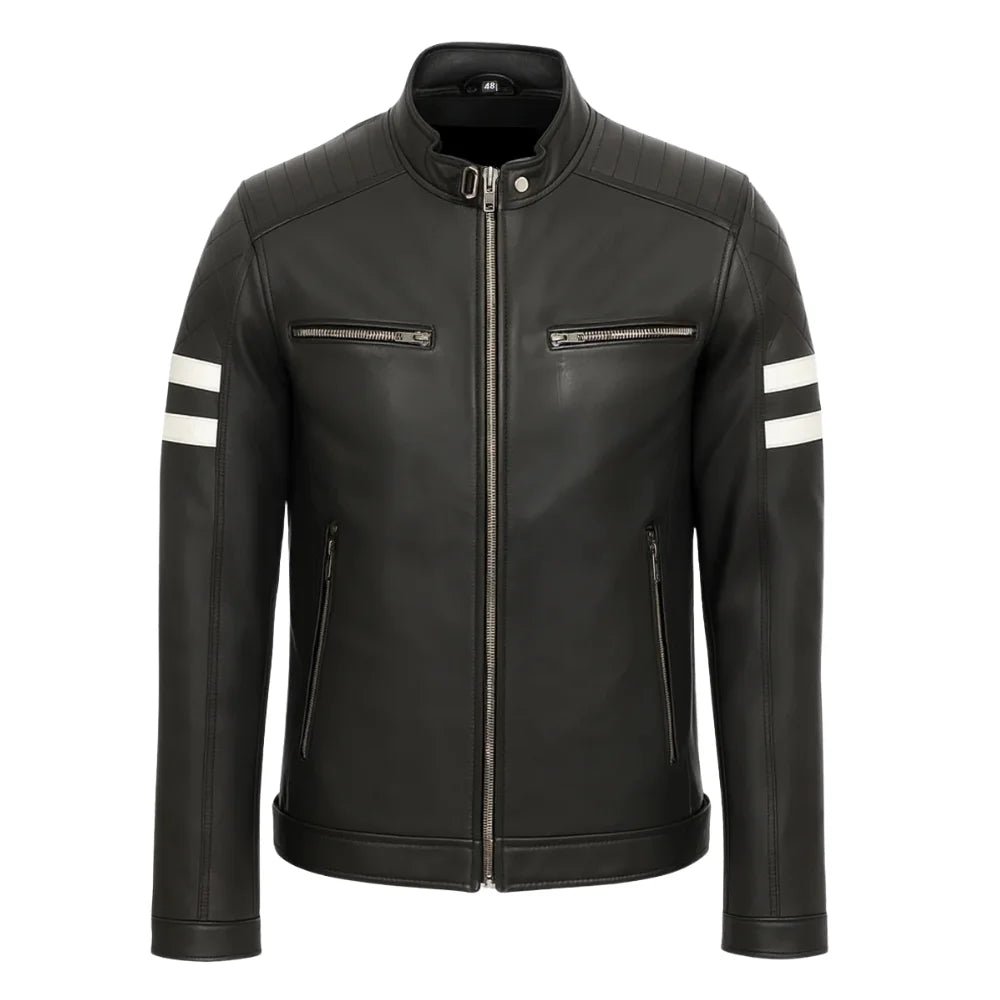 Men's Black White Striped Leather Jacket - Image 2