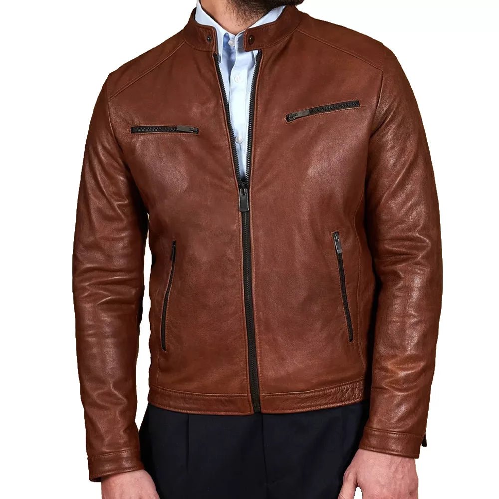 Men's Cognac Leather Cafe Racer Jacket