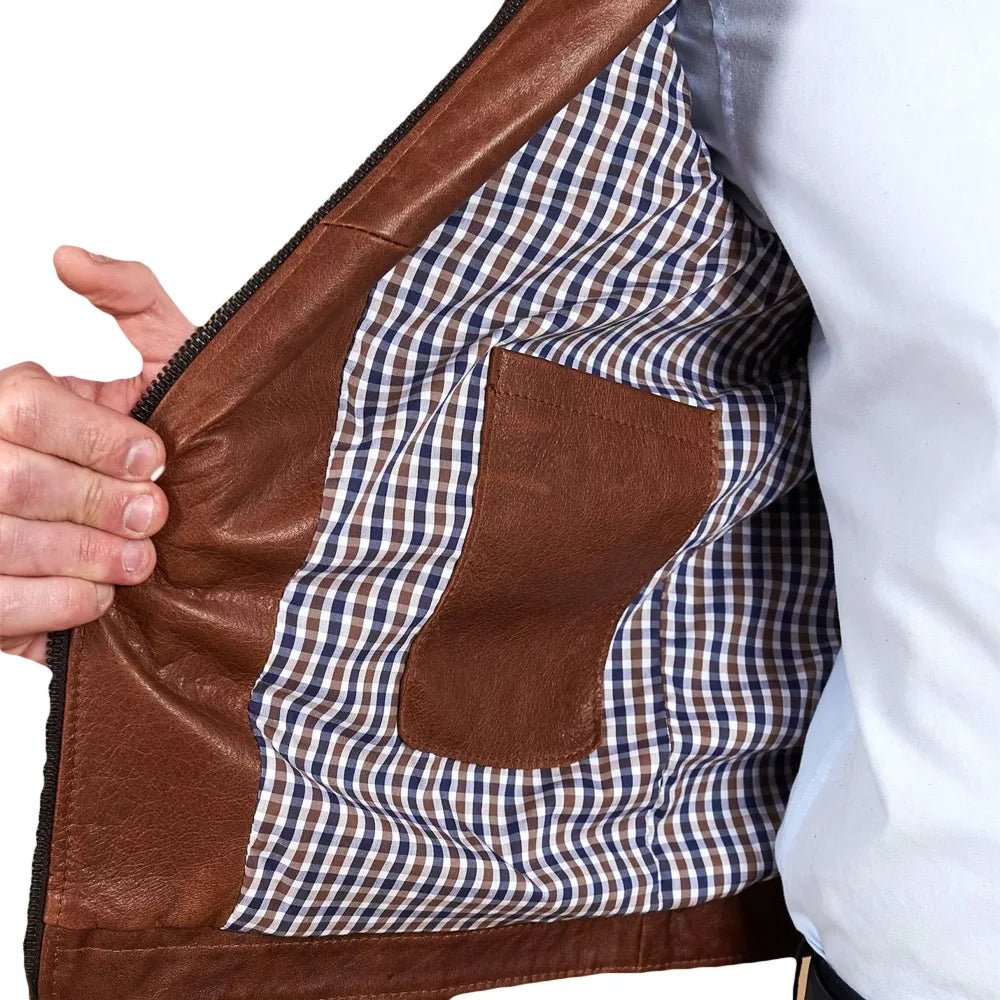 Men's Cognac Leather Cafe Racer Jacket - Image 4