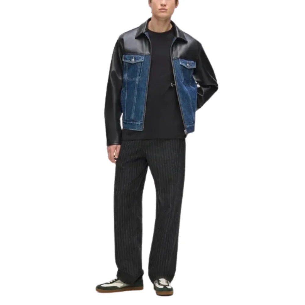 Men's Black Leather Blue Denim Trucker Jacket - Image 4