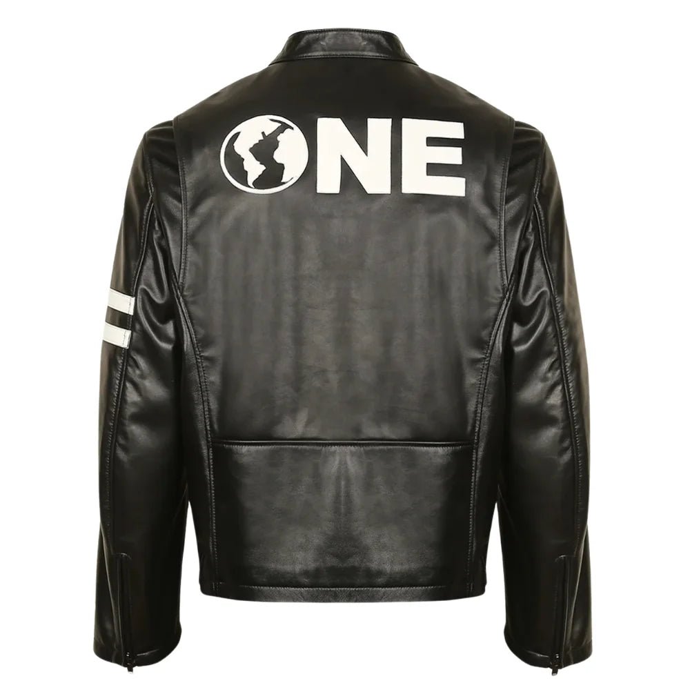 Men's Black Striped Leather Cafe Racer Jacket - Image 4