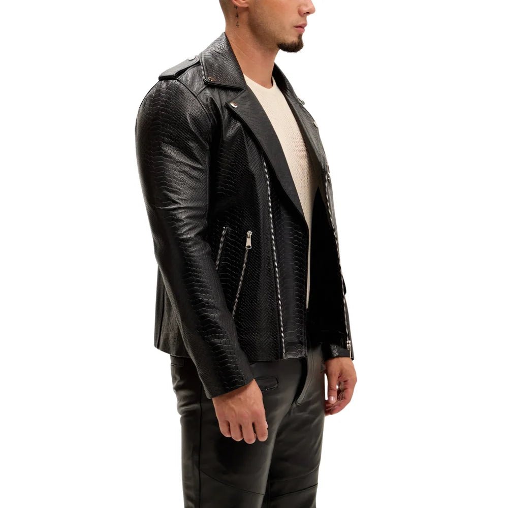 Men's Black Snakeskin Embossed Biker Jacket - Image 5