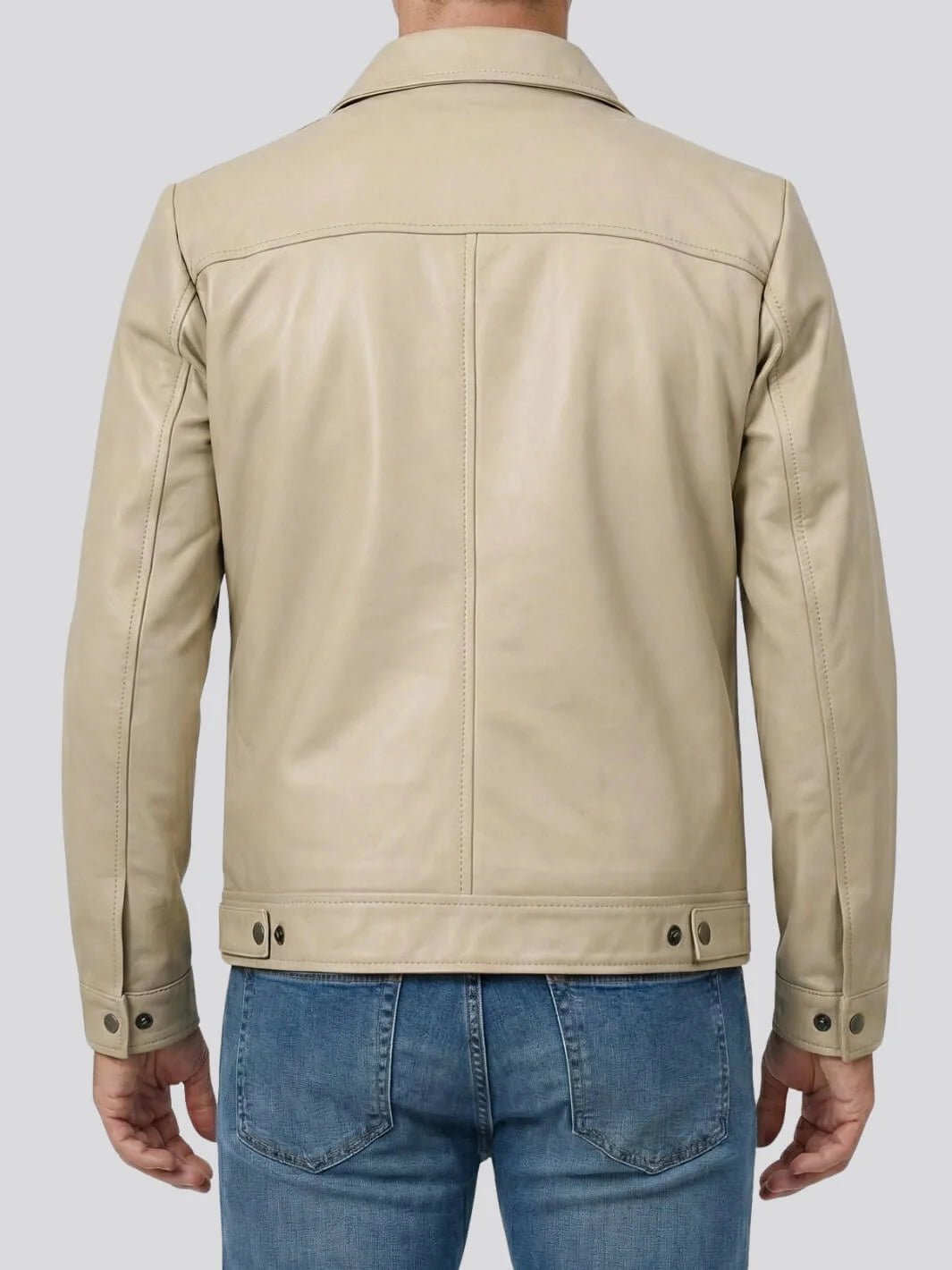 Men's Beige Real Leather Harrington Jacket - Image 2