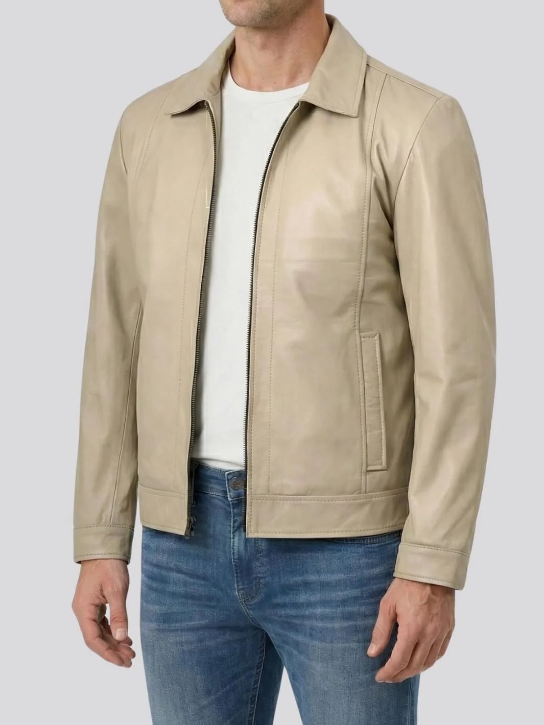 Men's Beige Real Leather Harrington Jacket - Image 3