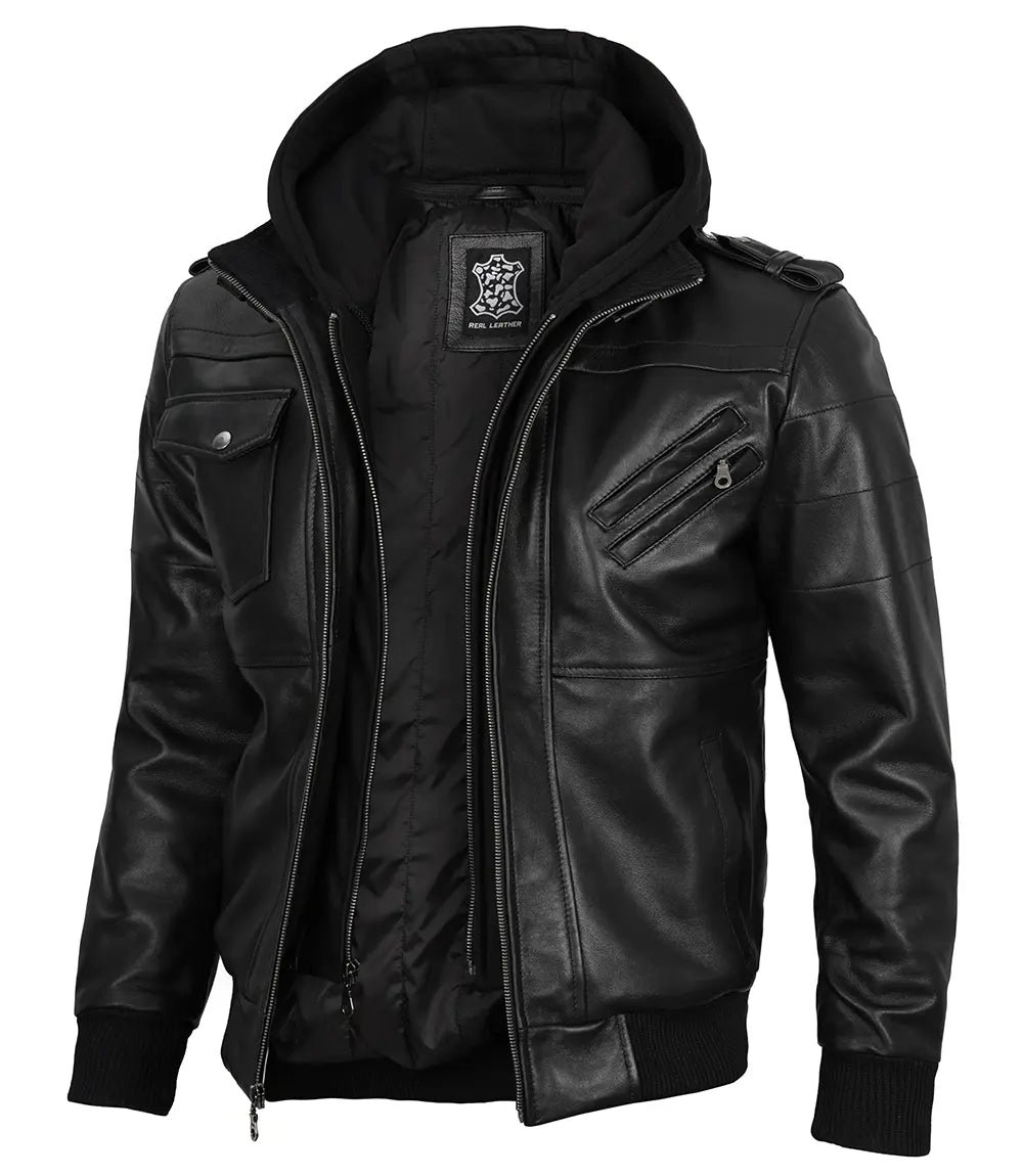 Edinburgh Mens Black Bomber Leather Jacket With Removable Hood - Image 4