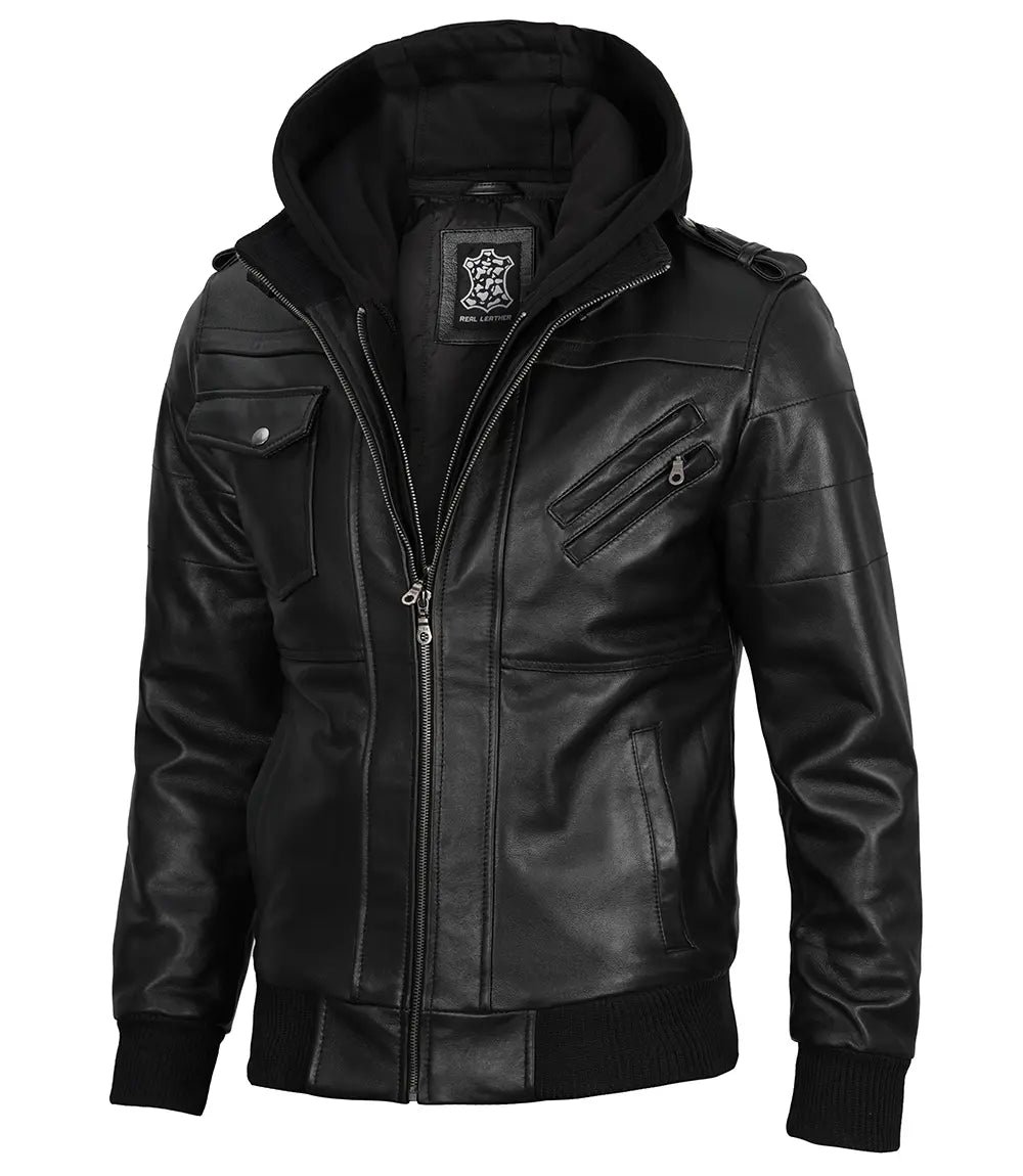 Edinburgh Mens Black Bomber Leather Jacket With Removable Hood - Image 5