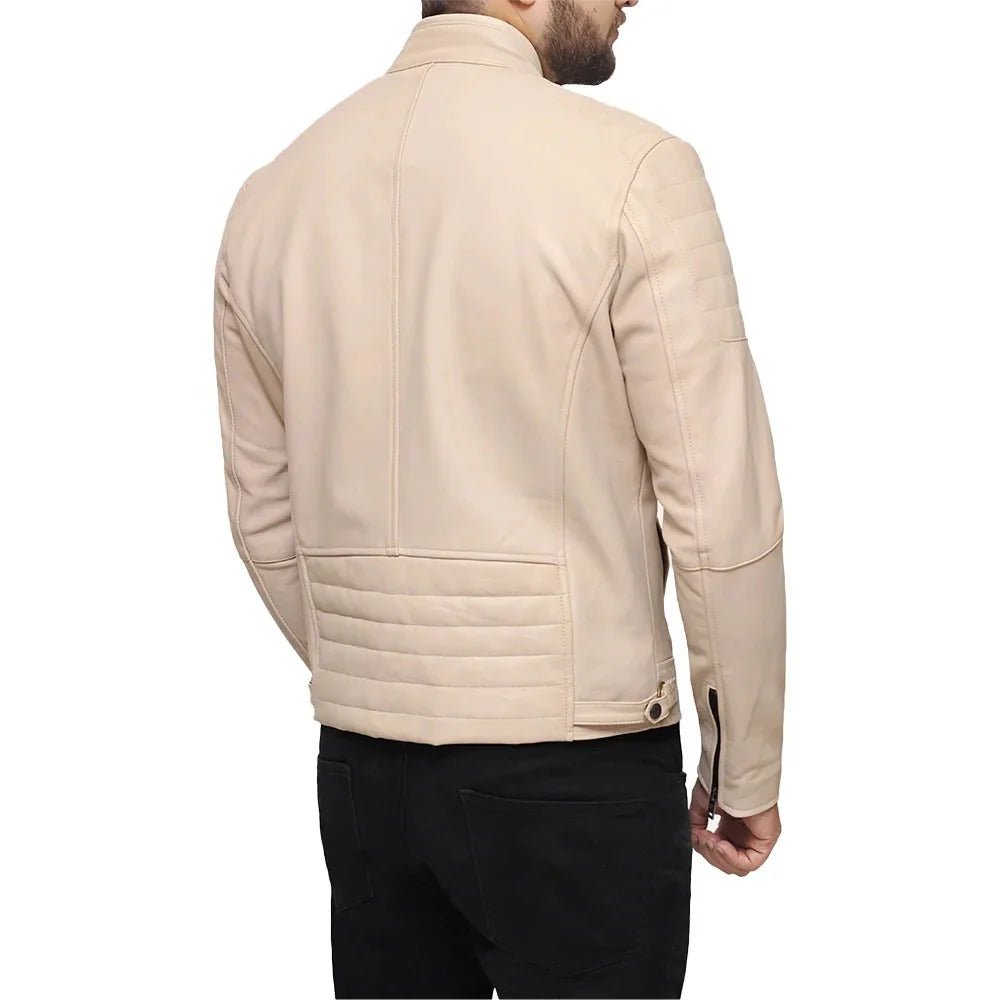 Men’s Beige Café Racer Real Leather Jacket - Image 4
