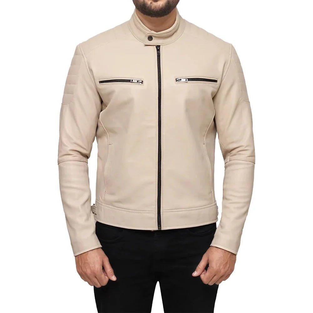 Men’s Beige Café Racer Real Leather Jacket - Image 3