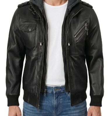Mens-Black-Bomber-Leather-Jacket-with-Removable-Hood