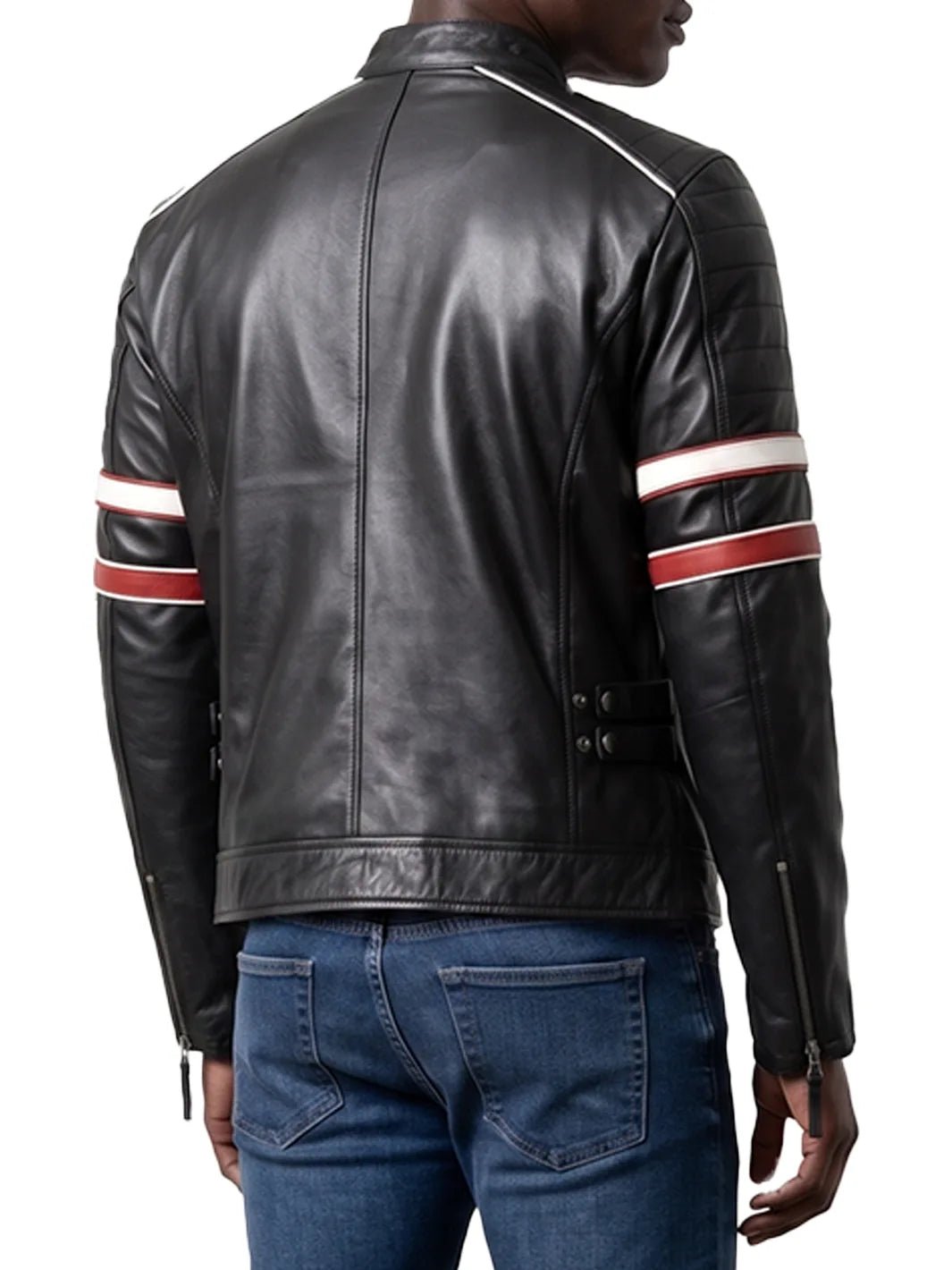 Men's Black Cafe Racer Style Leather Jacket - Red & White Stripes - Image 2