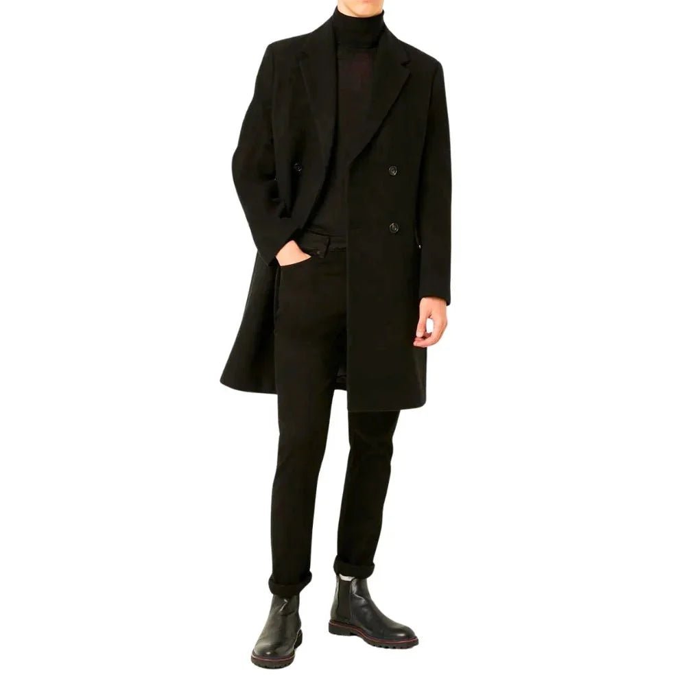 Men’s Black Double Breasted Wool Trench Coat - Image 4