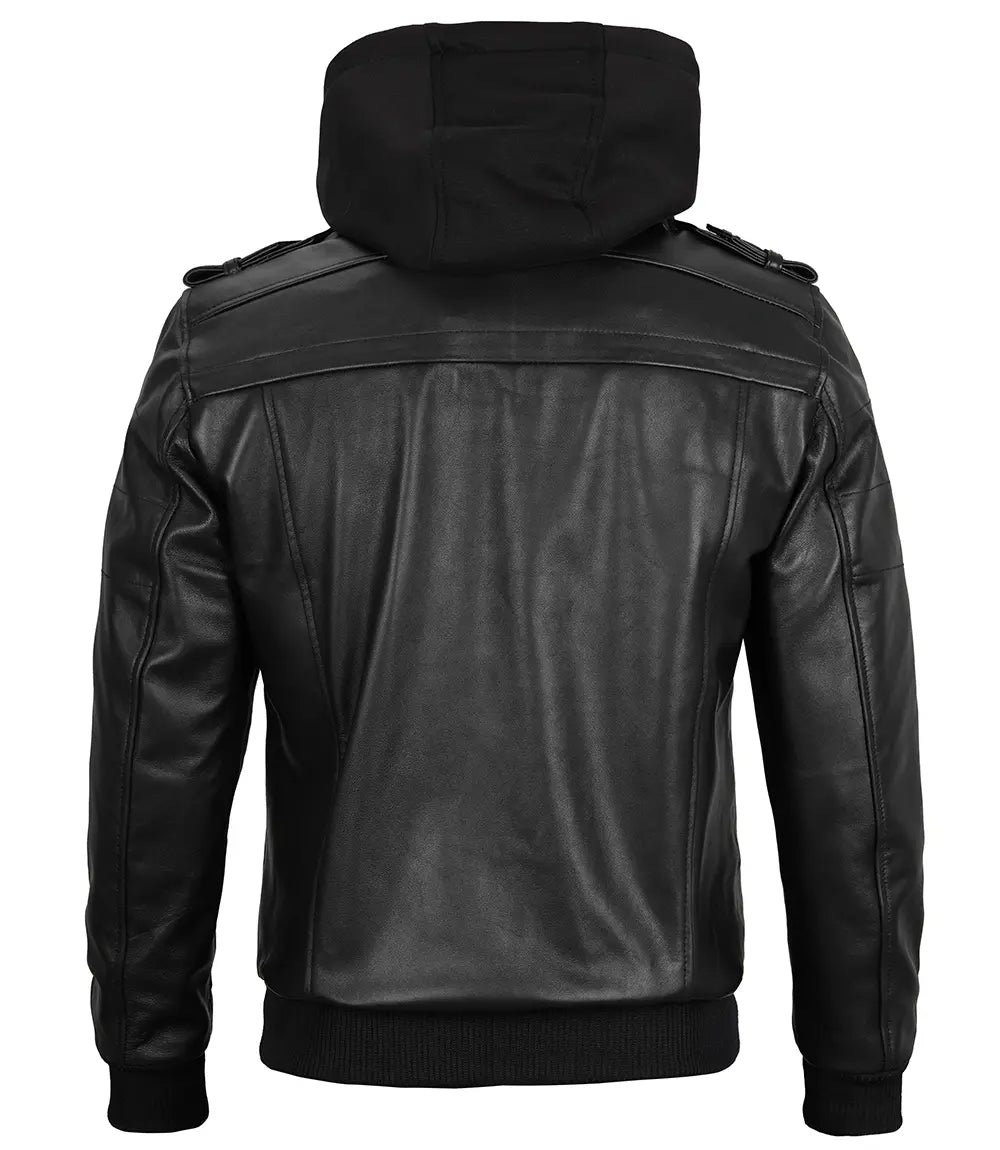 Edinburgh Mens Black Bomber Leather Jacket With Removable Hood - Image 6