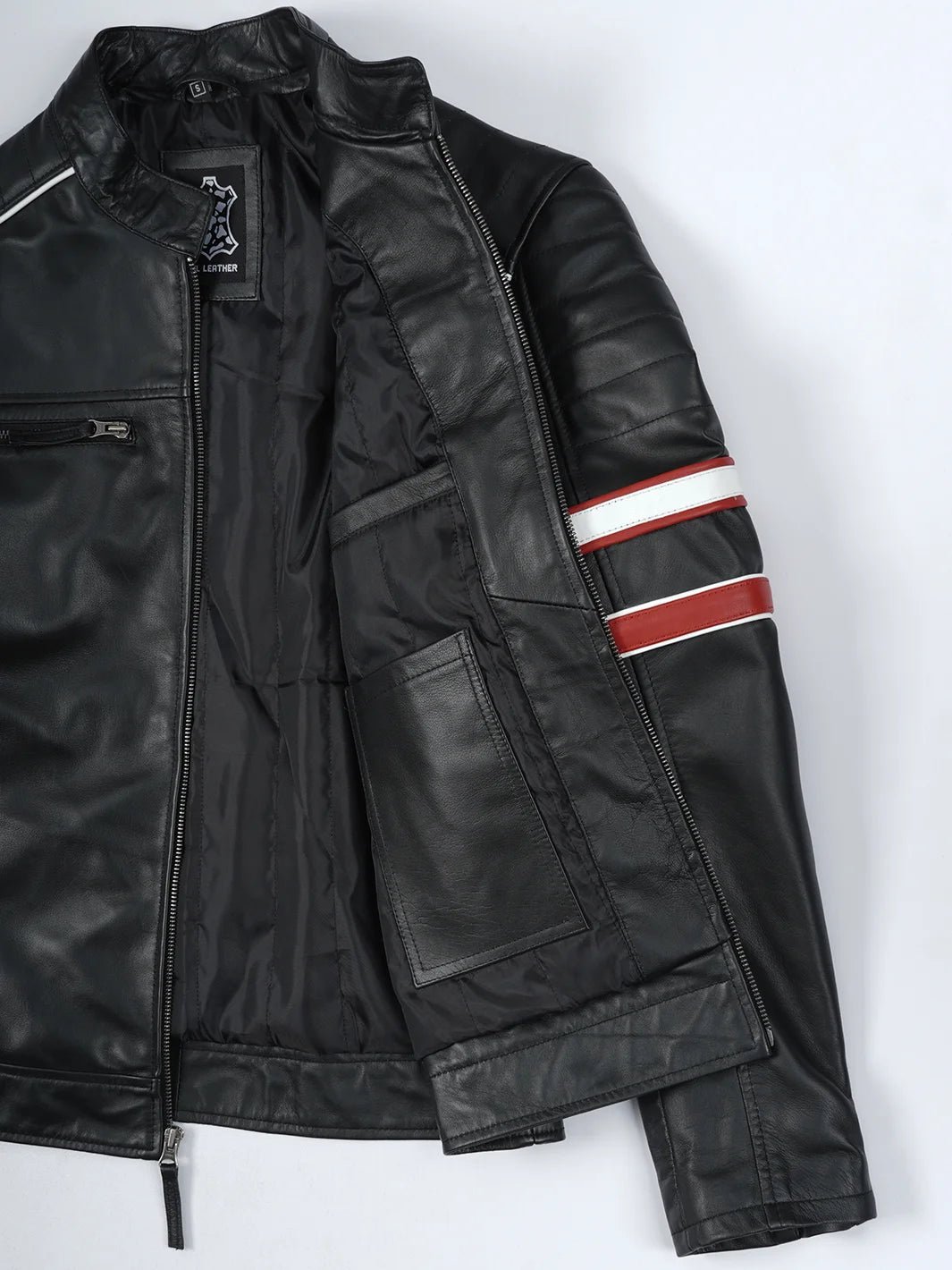 Men's Black Cafe Racer Style Leather Jacket - Red & White Stripes - Image 3