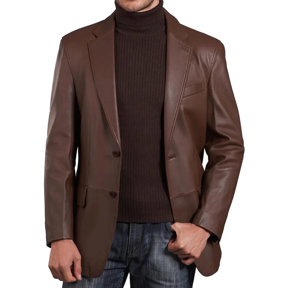Mens Two Button Notch Lapel Chocolate Brown Leather Blazer