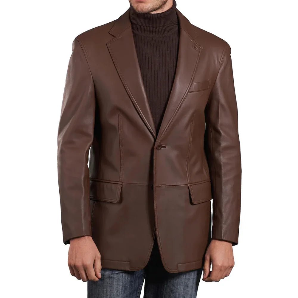 Mens Two Button Notch Lapel Chocolate Brown Leather Blazer - Image 2