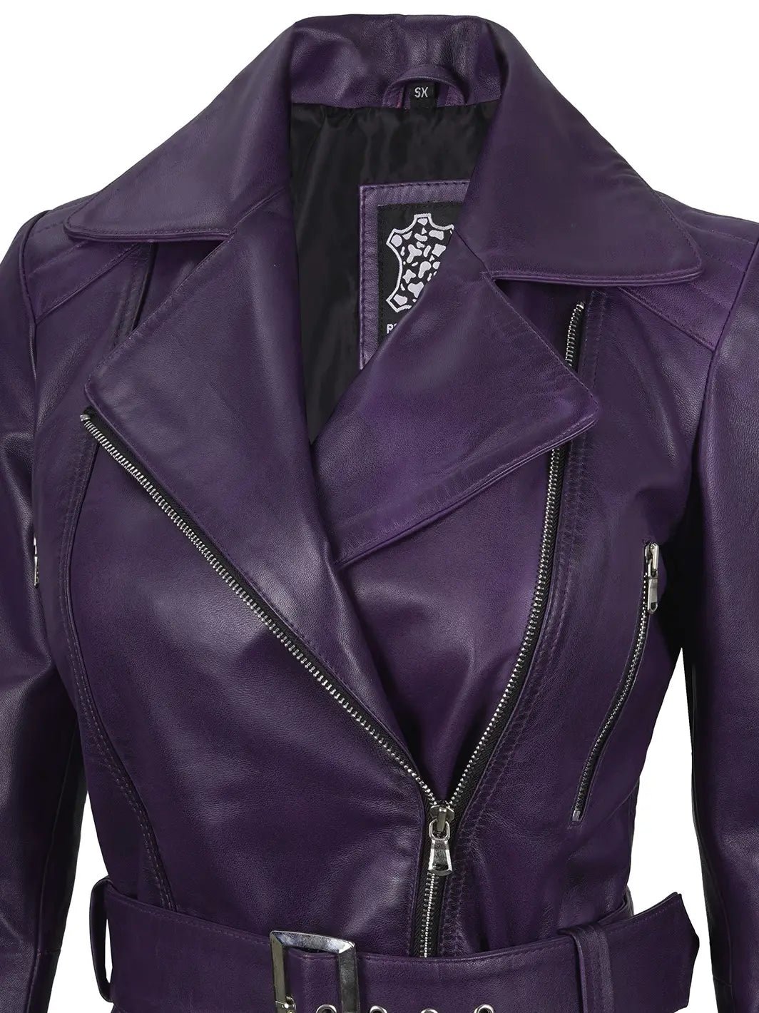 Women’s Purple Lambskin Leather Asymmetrical Biker Jacket - Image 5