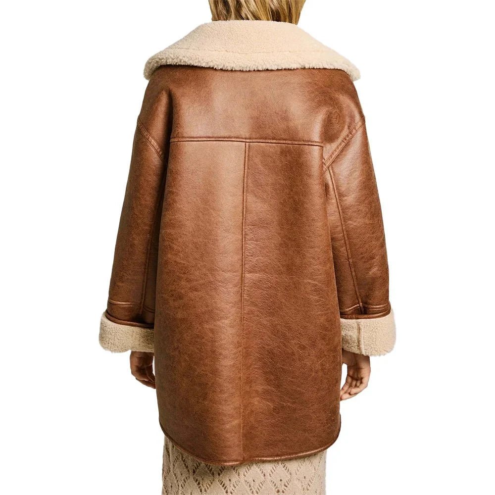Women's White and Brown Sherpa Aviator Jacket - Image 5