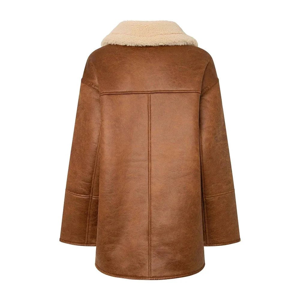 Women's White and Brown Sherpa Aviator Jacket - Image 6