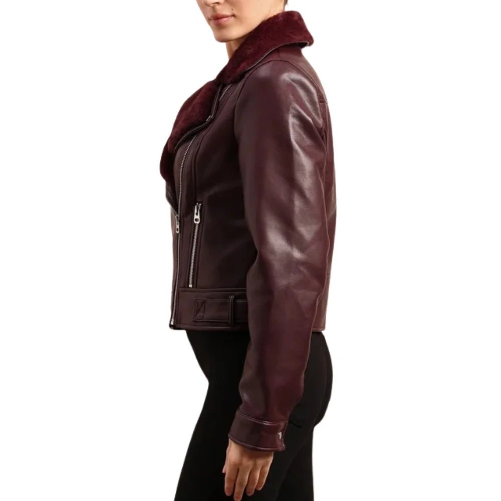 Women's Burgundy Fur Shearling Leather Jacket - Image 5