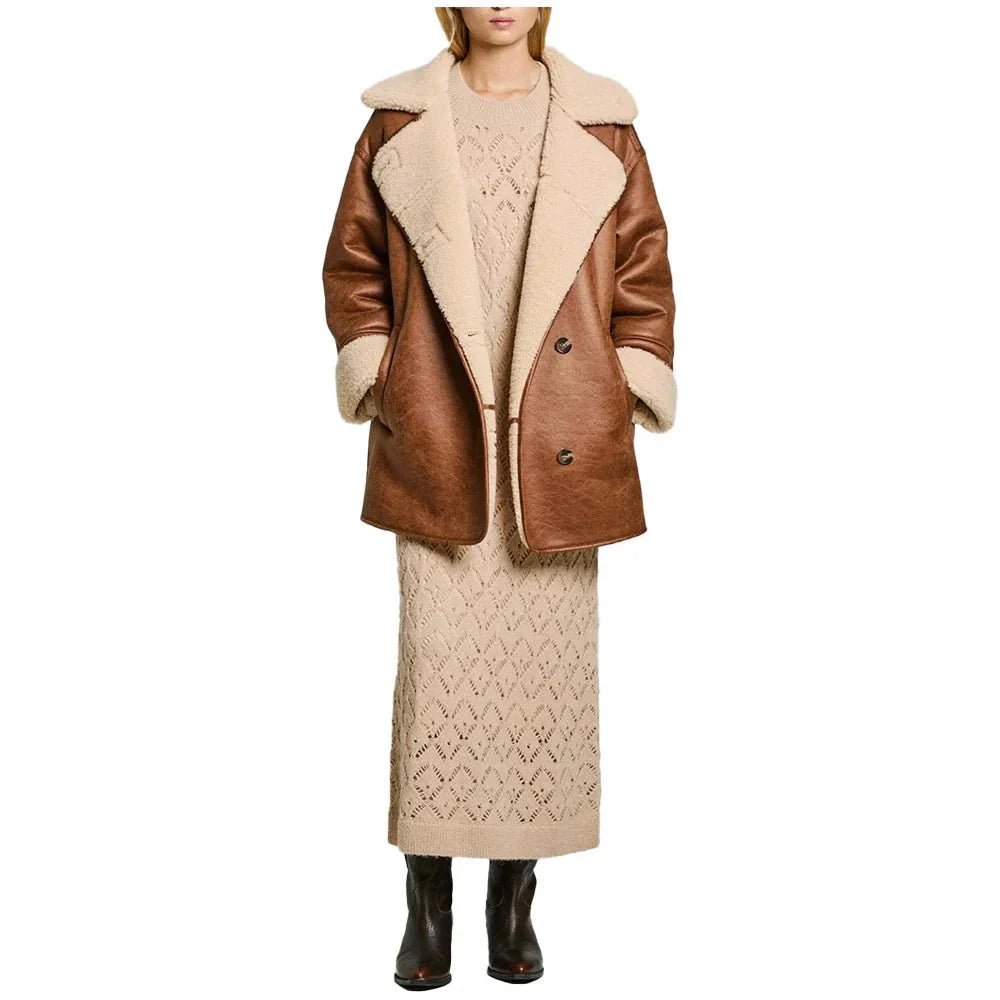 Women's White and Brown Sherpa Aviator Jacket - Image 4