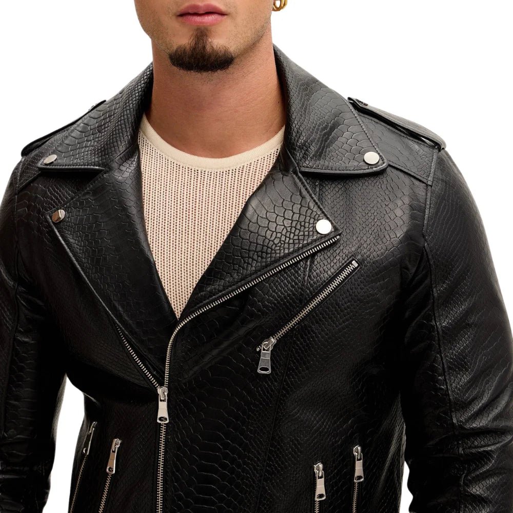 Men's Black Snakeskin Embossed Biker Jacket - Image 4
