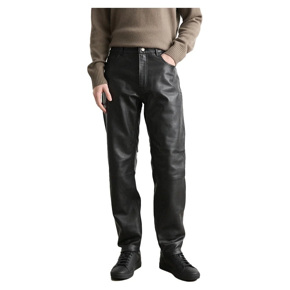 Men's Black Straight Leg Leather Pants