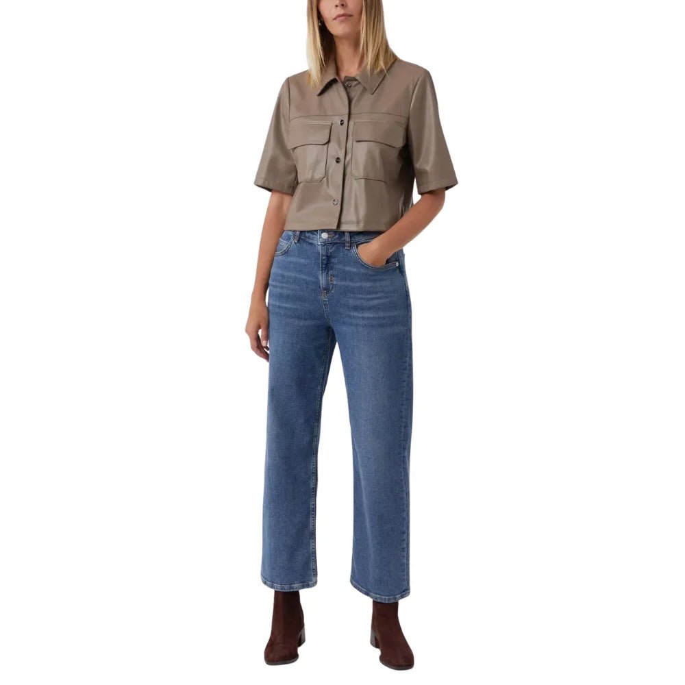 Women's Taupe Short Sleeve Leather Shirt - Image 5