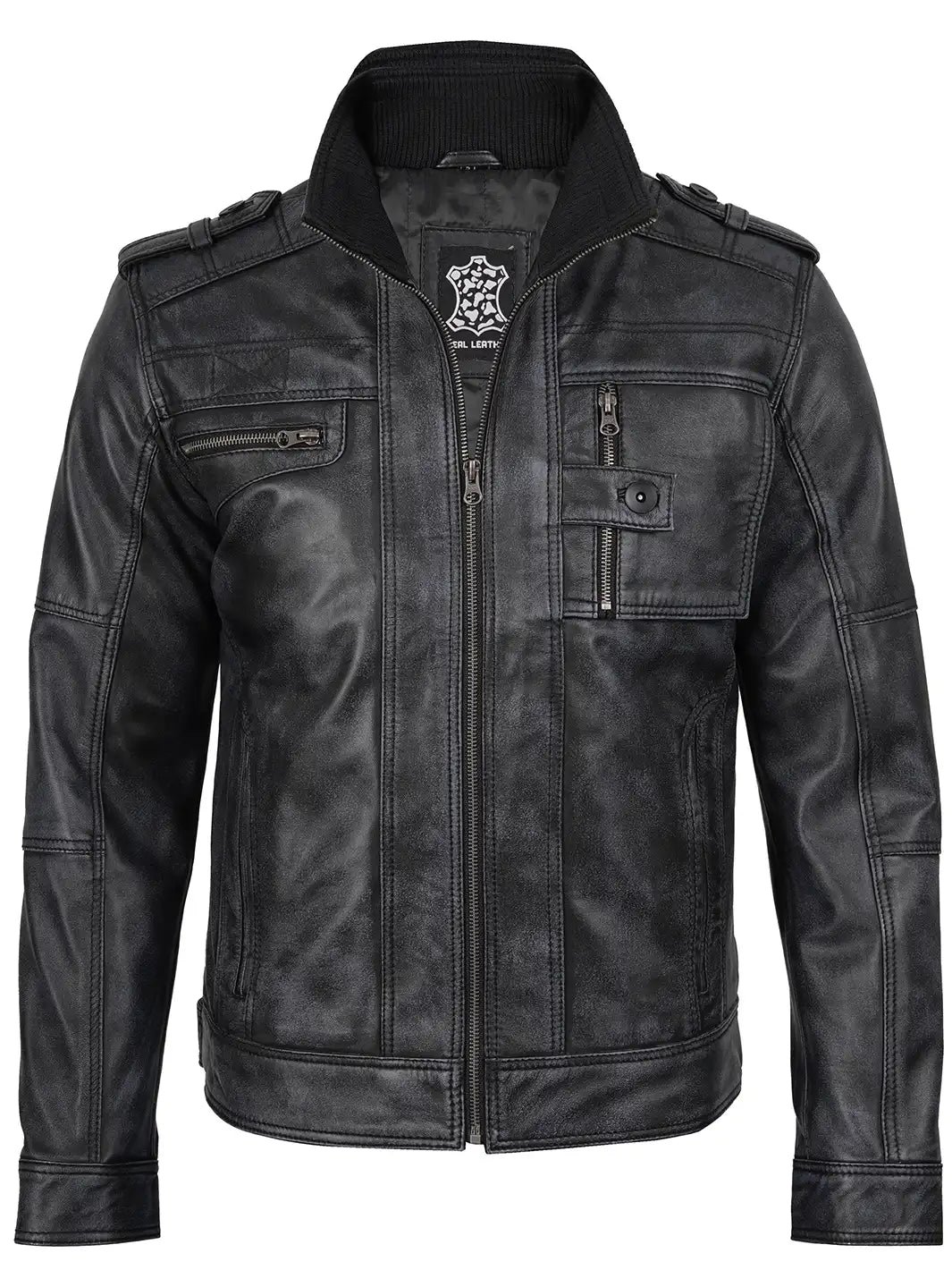 Men's Black Leather Biker Jacket - Image 4