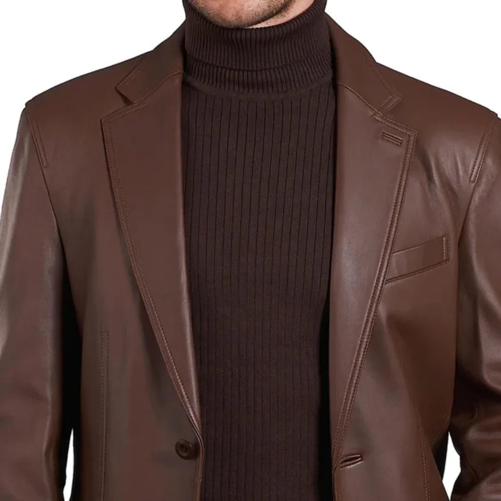 Mens Two Button Notch Lapel Chocolate Brown Leather Blazer - Image 3