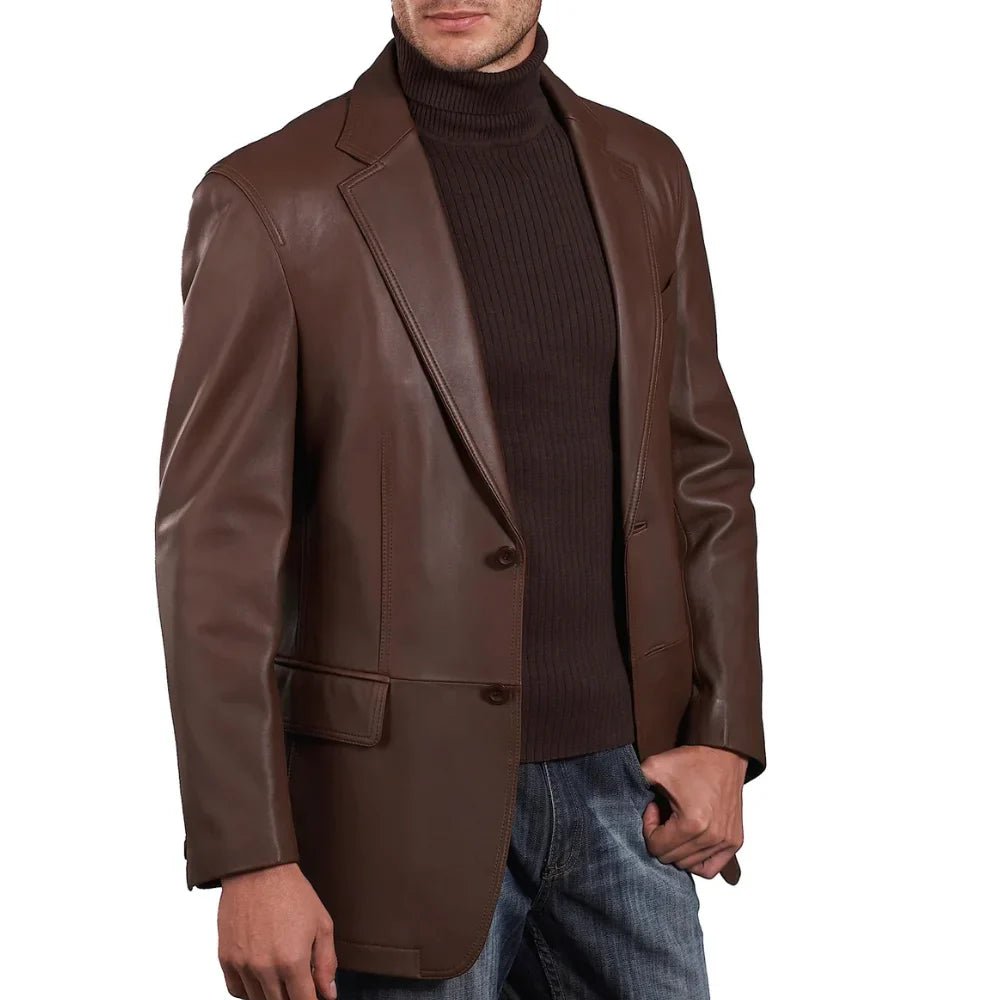 Mens Two Button Notch Lapel Chocolate Brown Leather Blazer - Image 4
