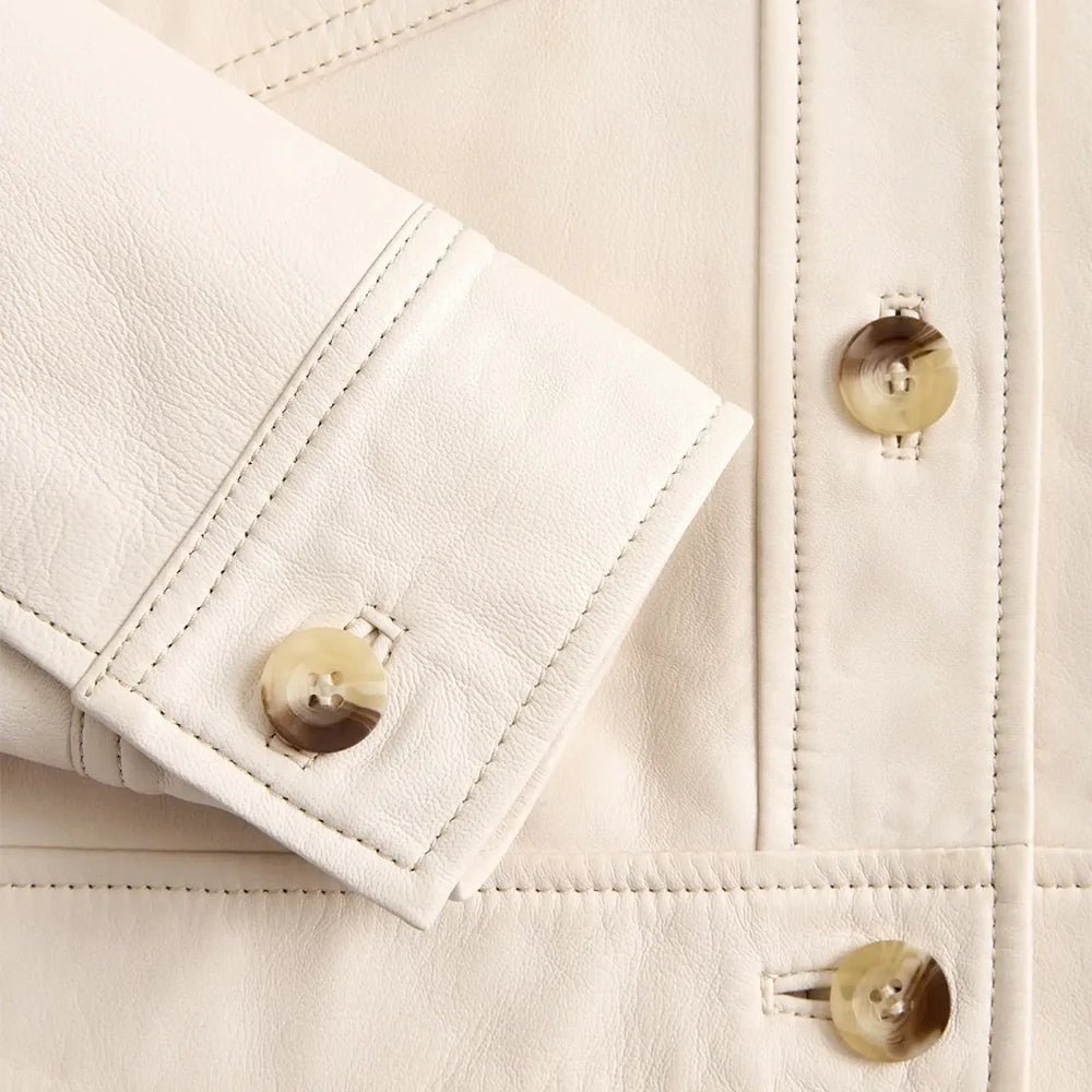 Womens Cropped Cream Leather Jacket Shirt Style - Image 4