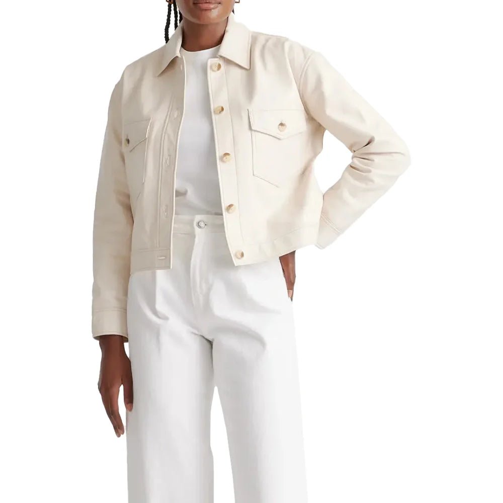 Womens Cropped Cream Leather Jacket Shirt Style - Image 2