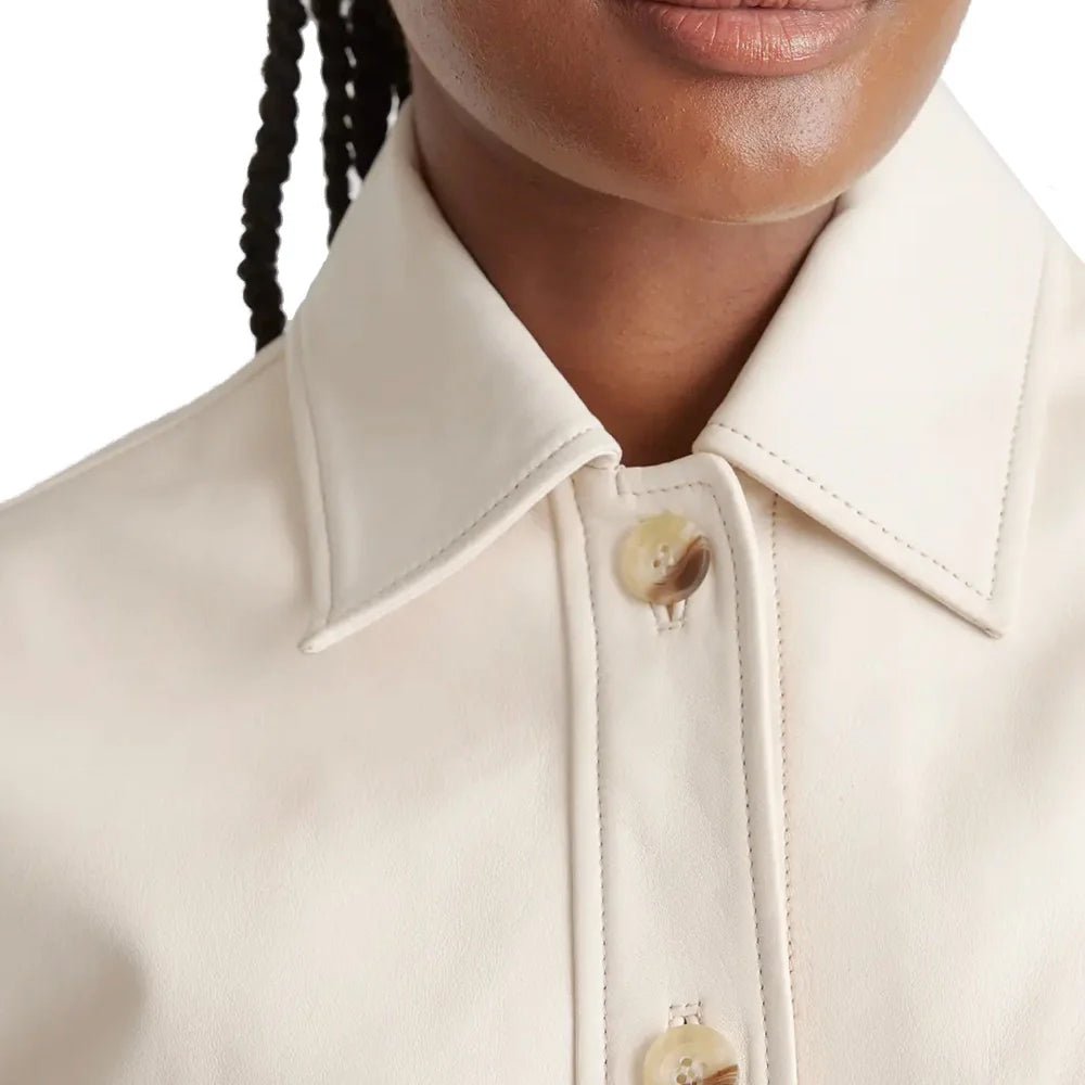 Womens Cropped Cream Leather Jacket Shirt Style - Image 3