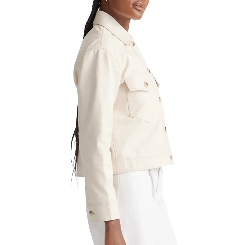 Womens Cropped Cream Leather Jacket Shirt Style - Image 5